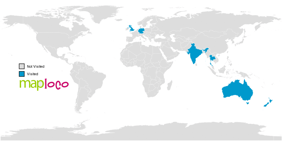India To New Zealand Map Countries I've Visited: Australia, Germany, India, New Zealand, Singapore,  Thailand, United Kingdom