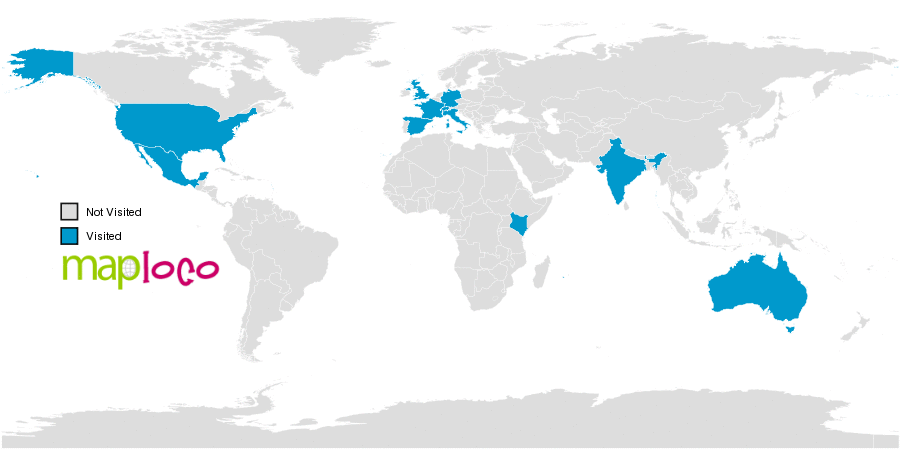 Australia And India Map Countries I've Visited: Australia, France, Germany, India, Italy, Kenya,  Mexico, Spain, Switzerland, United Kingdom, United States