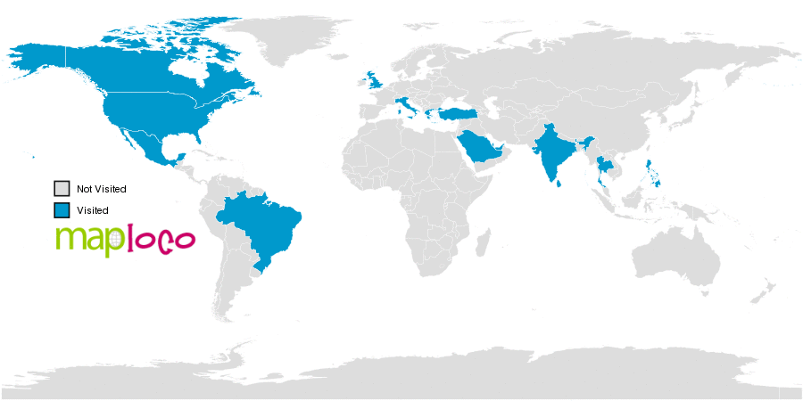 India To Italy Map Countries I've Visited: Brazil, Canada, Greece, India, Italy, Mexico,  Philippines, Qatar, Saudi Arabia, Singapore, Sri Lanka, Thailand, Turkey,  United Arab Emirates, United Kingdom, United States