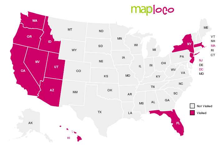 States You Have Been To Map States I've Visited: Arizona, California, District Of Columbia, Florida,  Hawaii, Idaho, Massachusetts, New Jersey, Nevada, New York, Oregon, Utah  And Washington